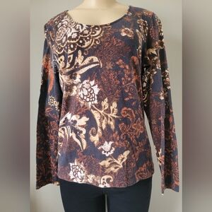 Chico's Additions Stretch Cotton  Paisley Long Sleeve Top Black/Brown 1/Medium